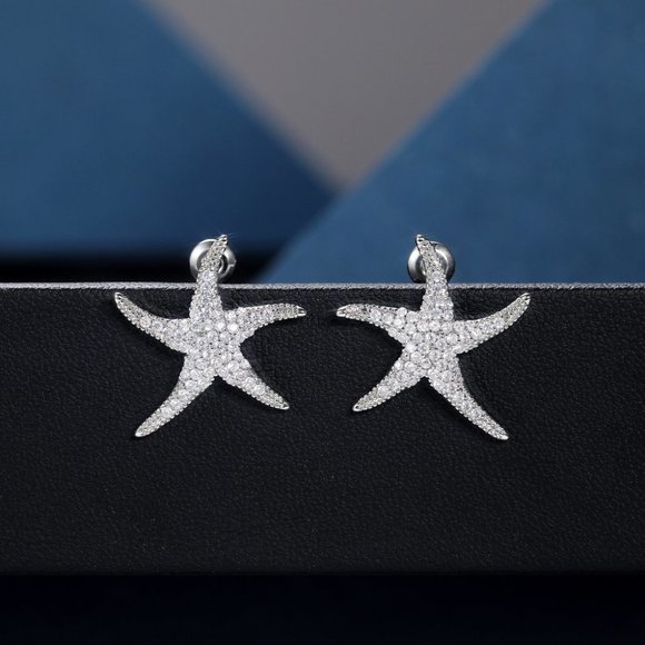Vivid Starfish Full Zircon Stud Earrings for Women, EVGG1038 - Picture 1 of 9
